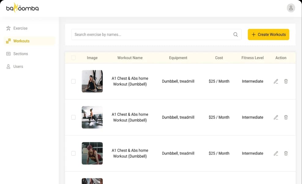 Fitness Portal Admin Panel Workout Screen