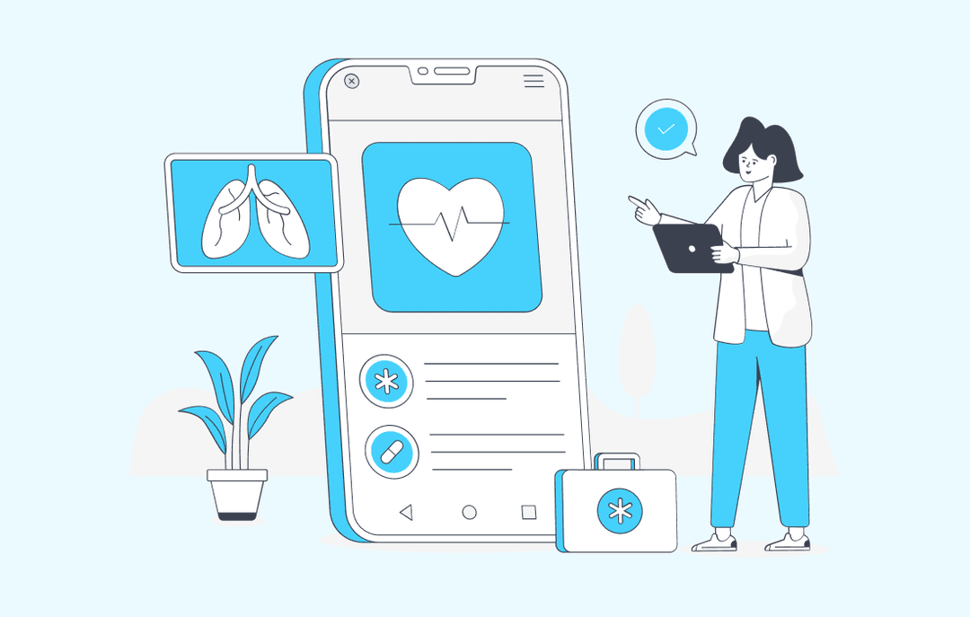 Doctor analyzing data on a mobile healthcare app with heart and lung visuals, showcasing custom healthcare software benefits.